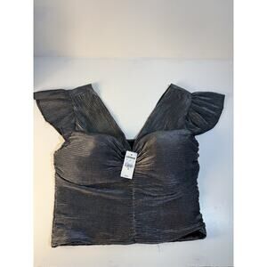 Express Metallic Pleated Flutter Sleeve Crop Top Gunmetal Silver Grey Size M NEW